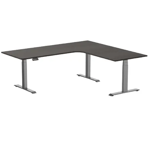 Desky L-Shape Melamine Sit Stand Desk 200Cm - Right Return Burnished Wood Top And Space Grey Leg 1
