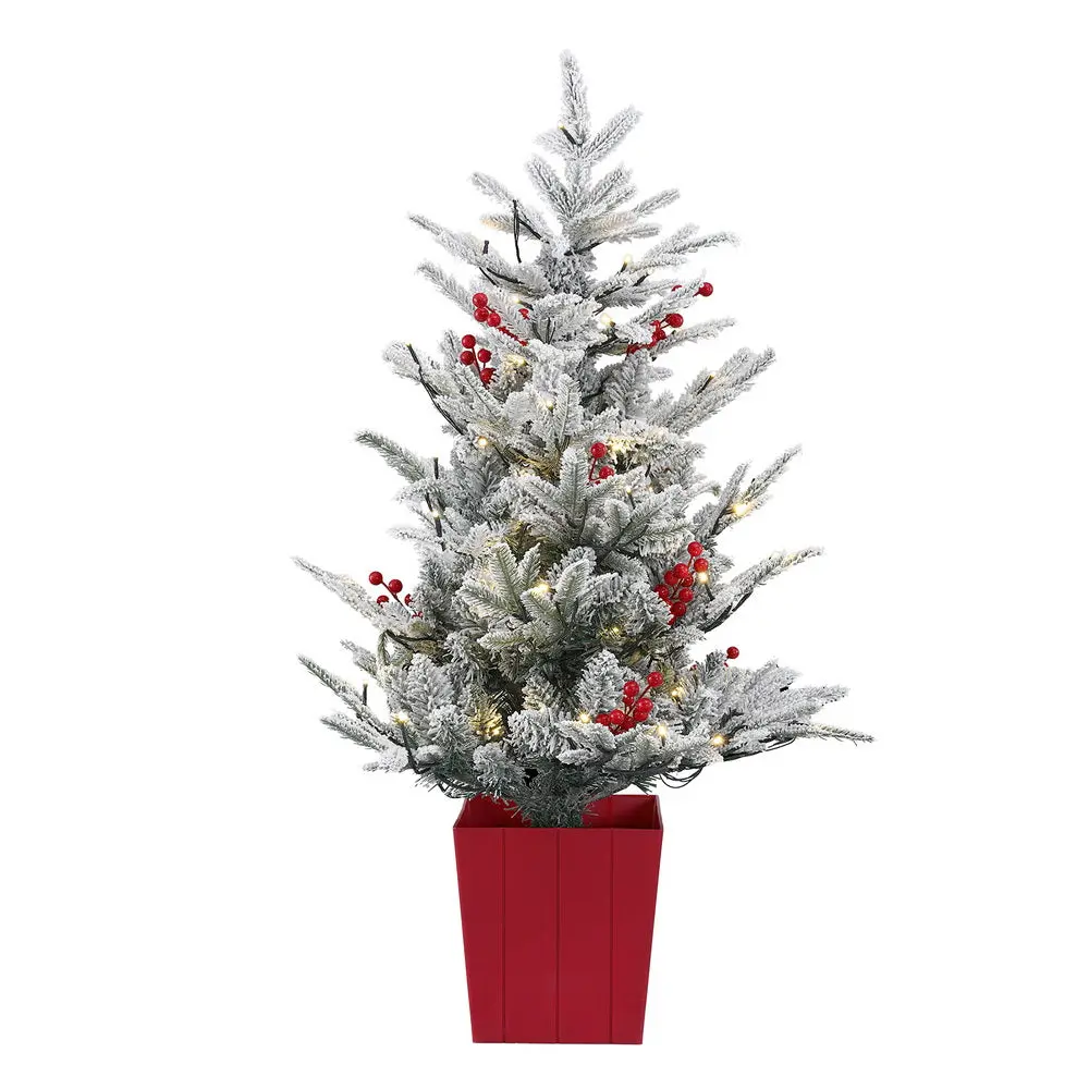 Jingle Jollys Christmas Tree 1M Led Potted Xmas Party Decor Red Barries Flocked 1