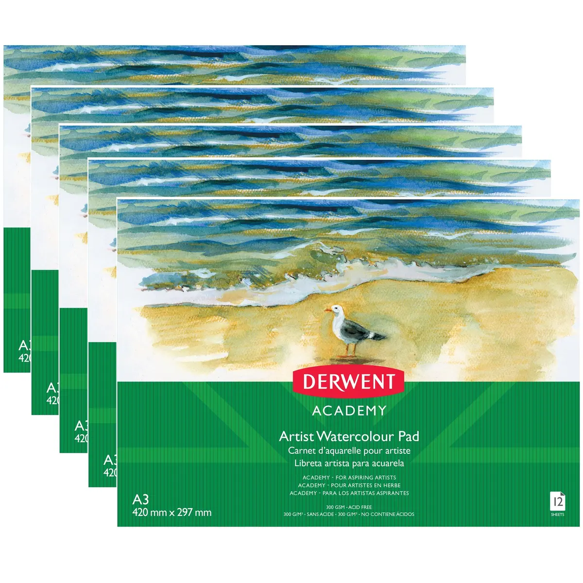 Derwent Academy Artist Watercolour Pad Landscape A3 12 Sheets 5 Packs 1