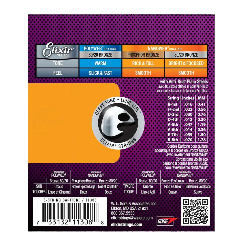 Elixir #11308 Acoustic Nanoweb 8 Guitar String Set 16-70 Baritone 2