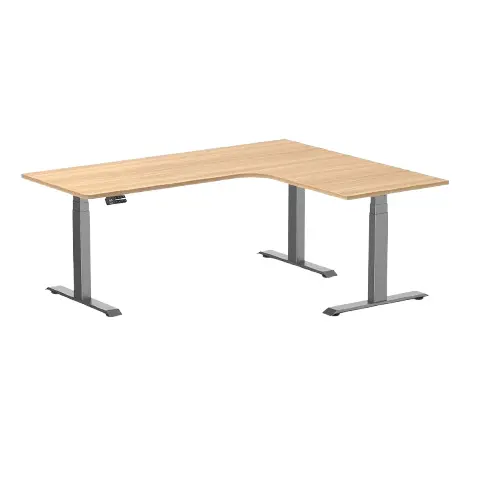 Desky L-Shape Melamine Sit Stand Desk 180Cm - Right Return Sublime Teak Top And Space Grey Leg 1