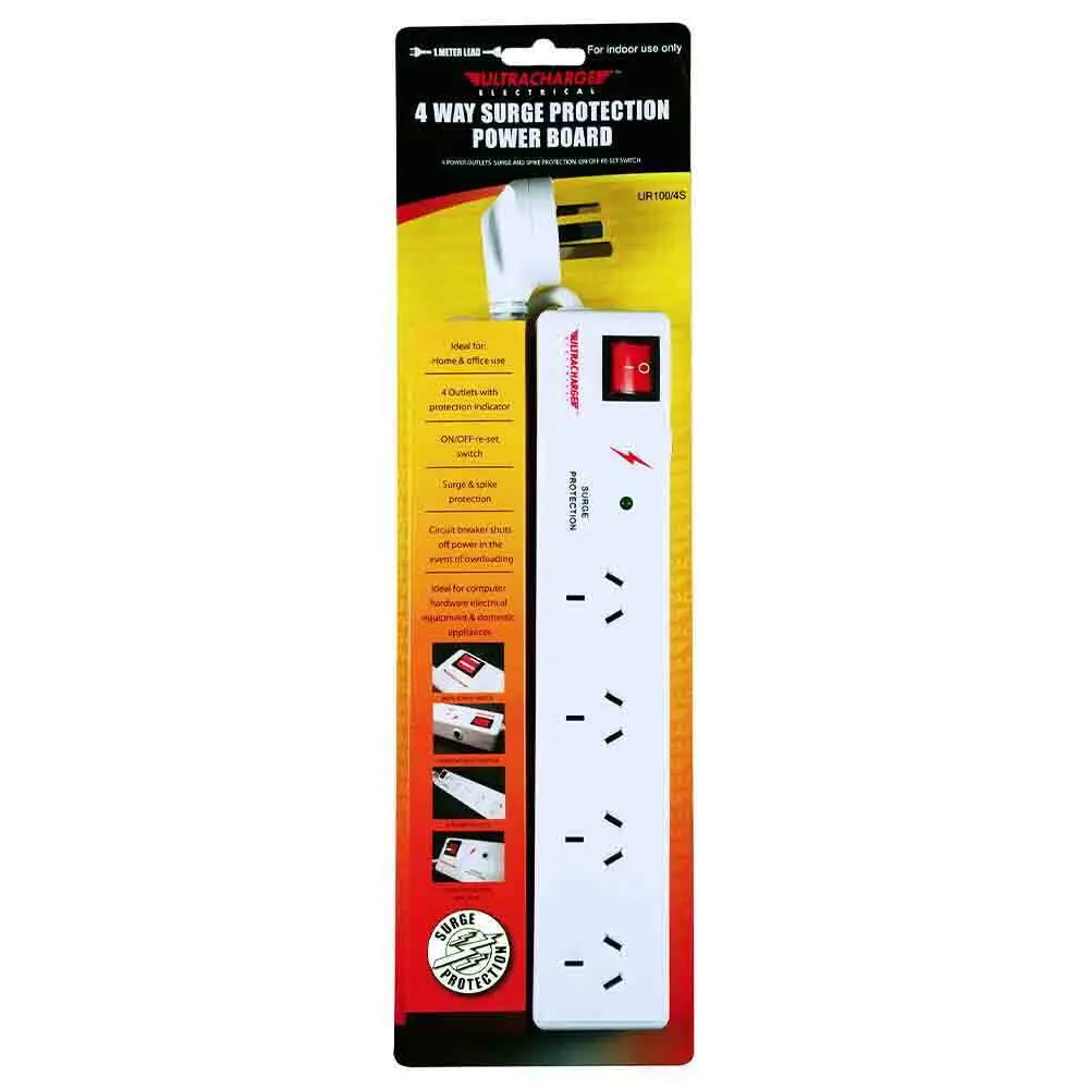 Ultracharge 4-Socket Power Strip Board With Surge Protection 1M Cord (White) 1