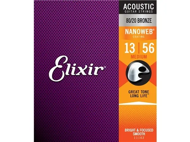 Elixir #11102 Acoustic Nanoweb Guitar String 80/20 Bronze 13-56 Medium Gauge 1