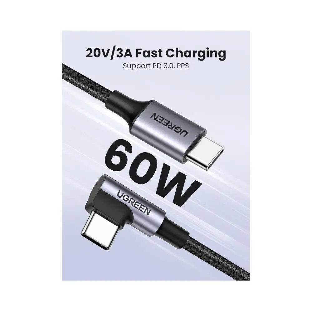 Ugreen 90 Degree Angle Usb-C Male To Usb-C Male 60W Braided Cable 1M 2