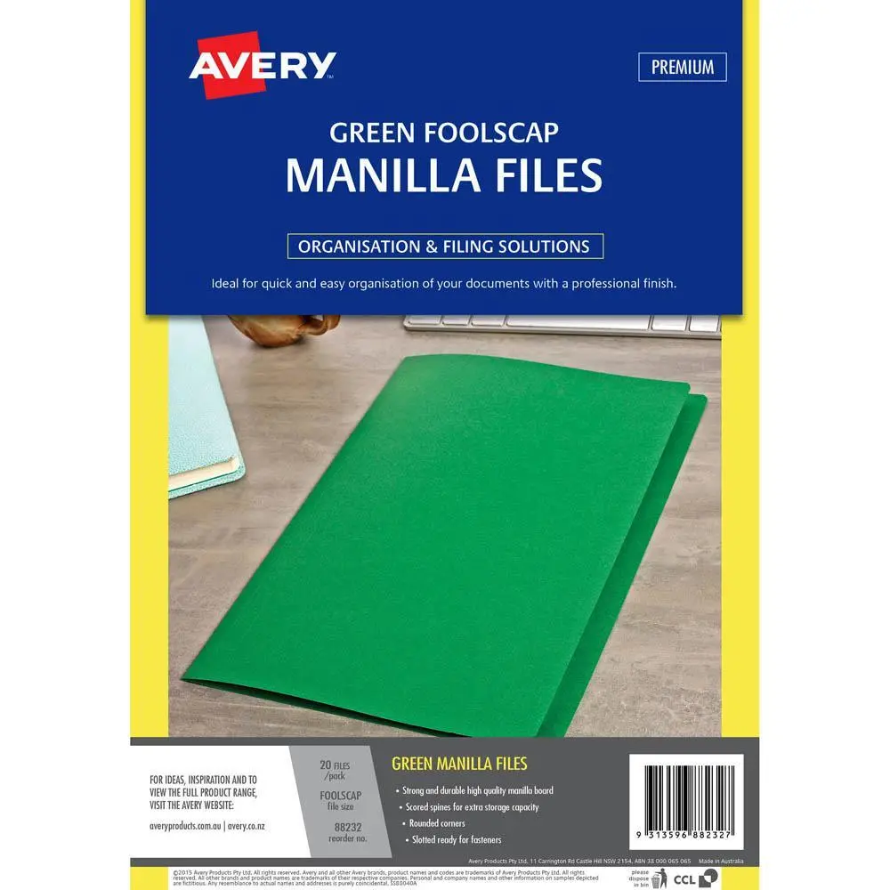 Avery 88232 Manilla Folder Foolscap Green Pack 20 1