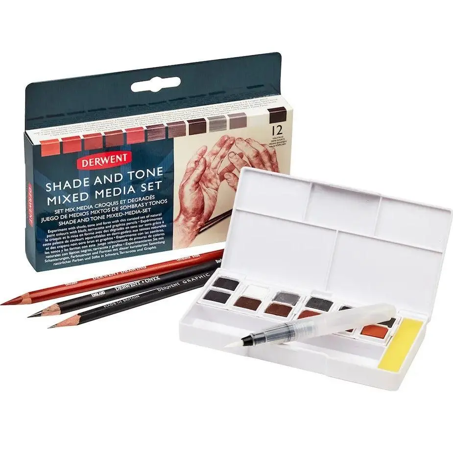 Derwent Shade And Tone Paint Pan Pencils Mixed Media Set Kit Waterbrush 1