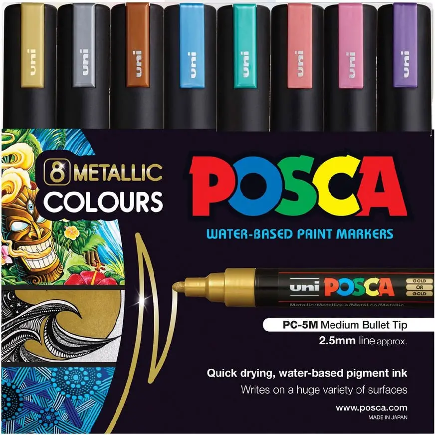 Uni Posca Pc-5M Paint Markers Bullet Tip Medium 8 Colour Pack (Metallic Colours) 1