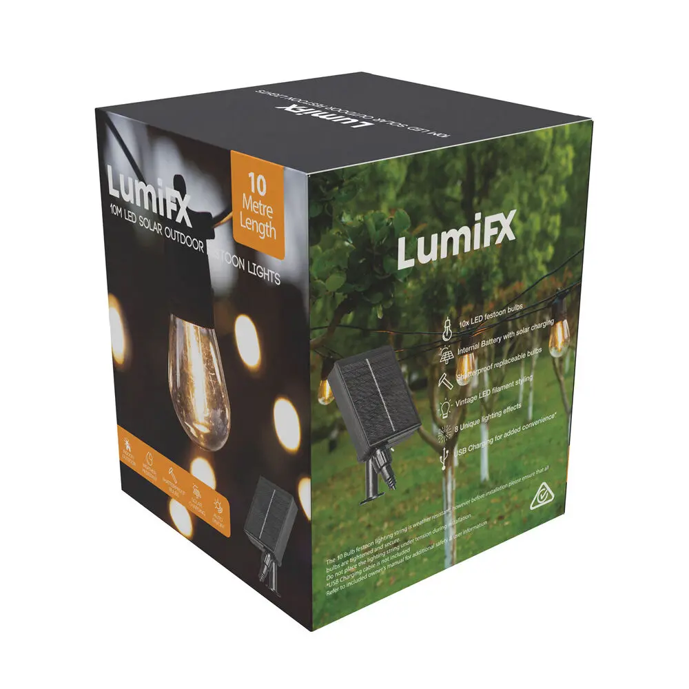 Lumifx 10 Bulb Solar Powered Outdoor Festoon Lights 10M Warm White 1