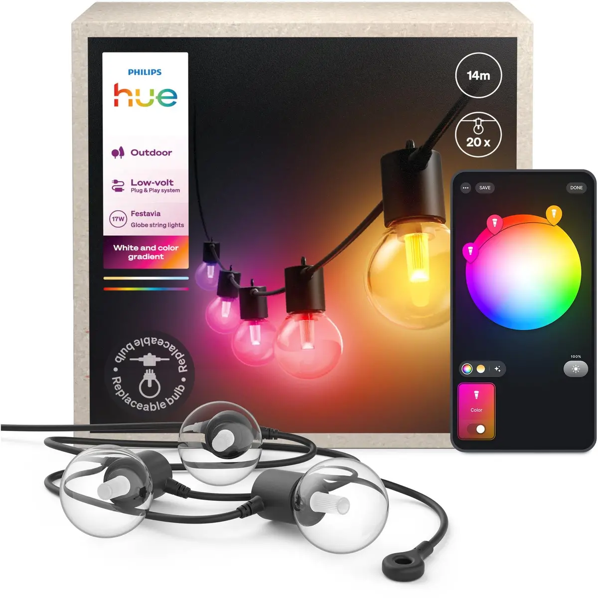 Philips Hue Festavia Hue 20 Bulb Globe String Lights (14M) 2