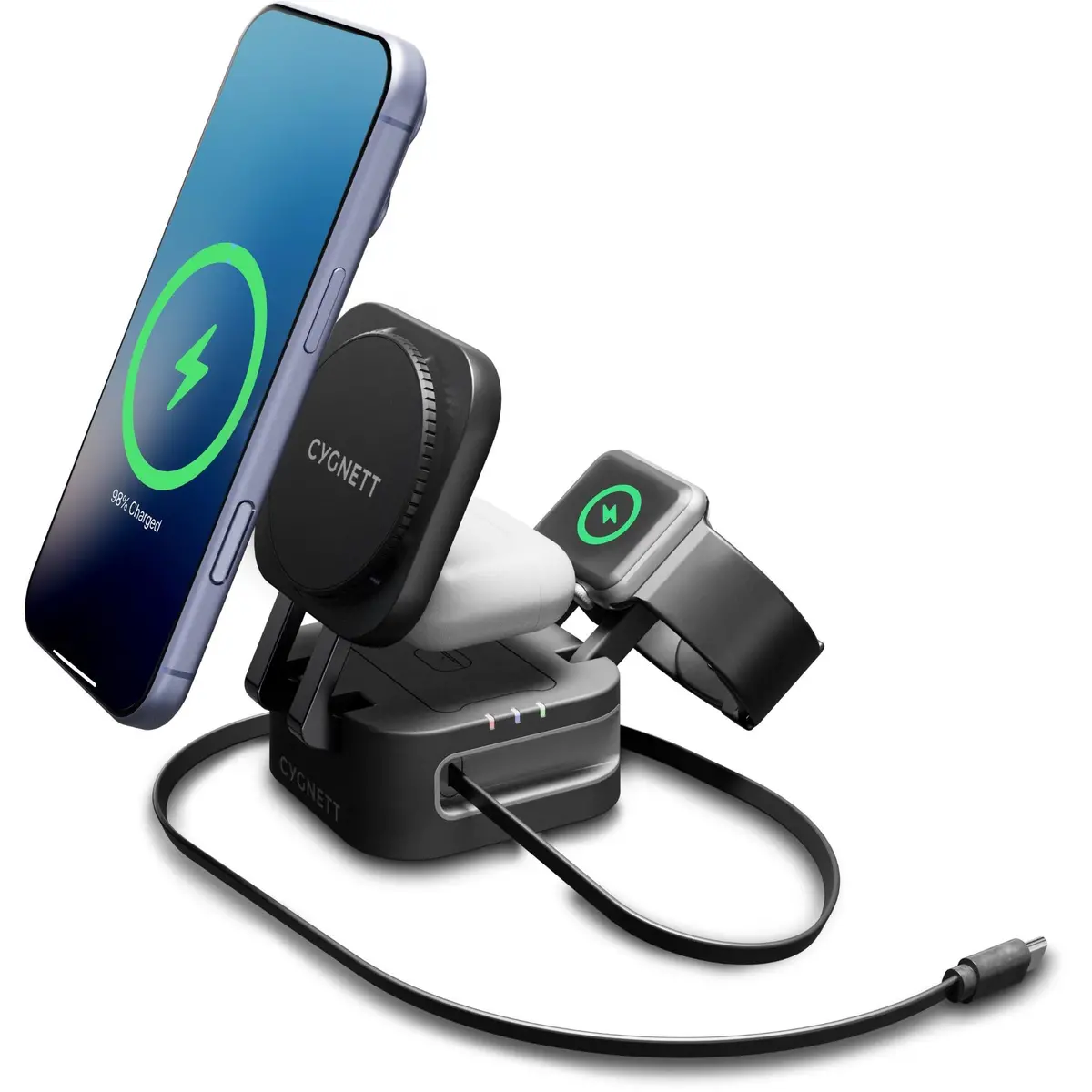 Cygnett Chargebase Wireless 3-In-1 Charger With Retractable Usb-C Cable (Black) 1