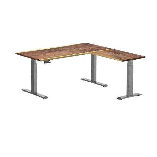 Desky Hardwood L-Shape Sit Stand Desk 150X155cm Saman And Space Grey Leg 1