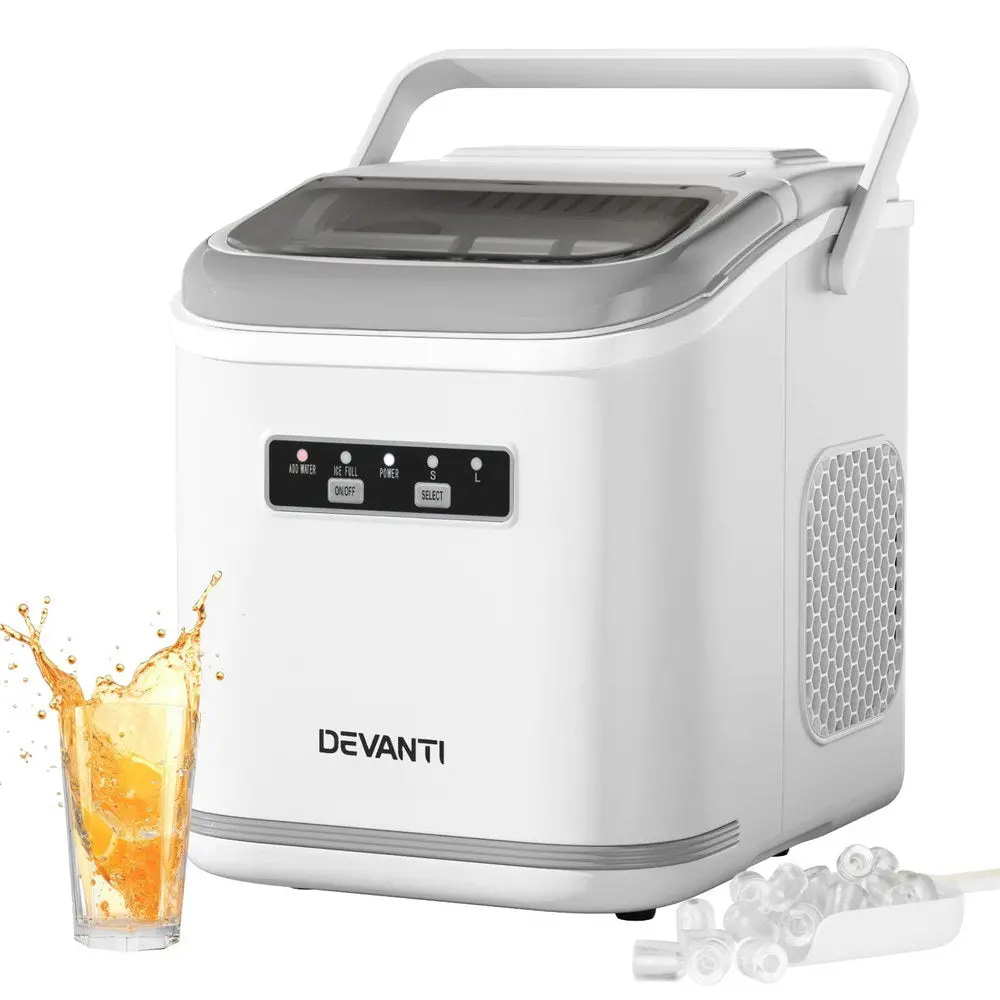 Devanti Ice Maker Machine Portable 12Kg Countertop With Self-Cleaning 1.3L (White) 1