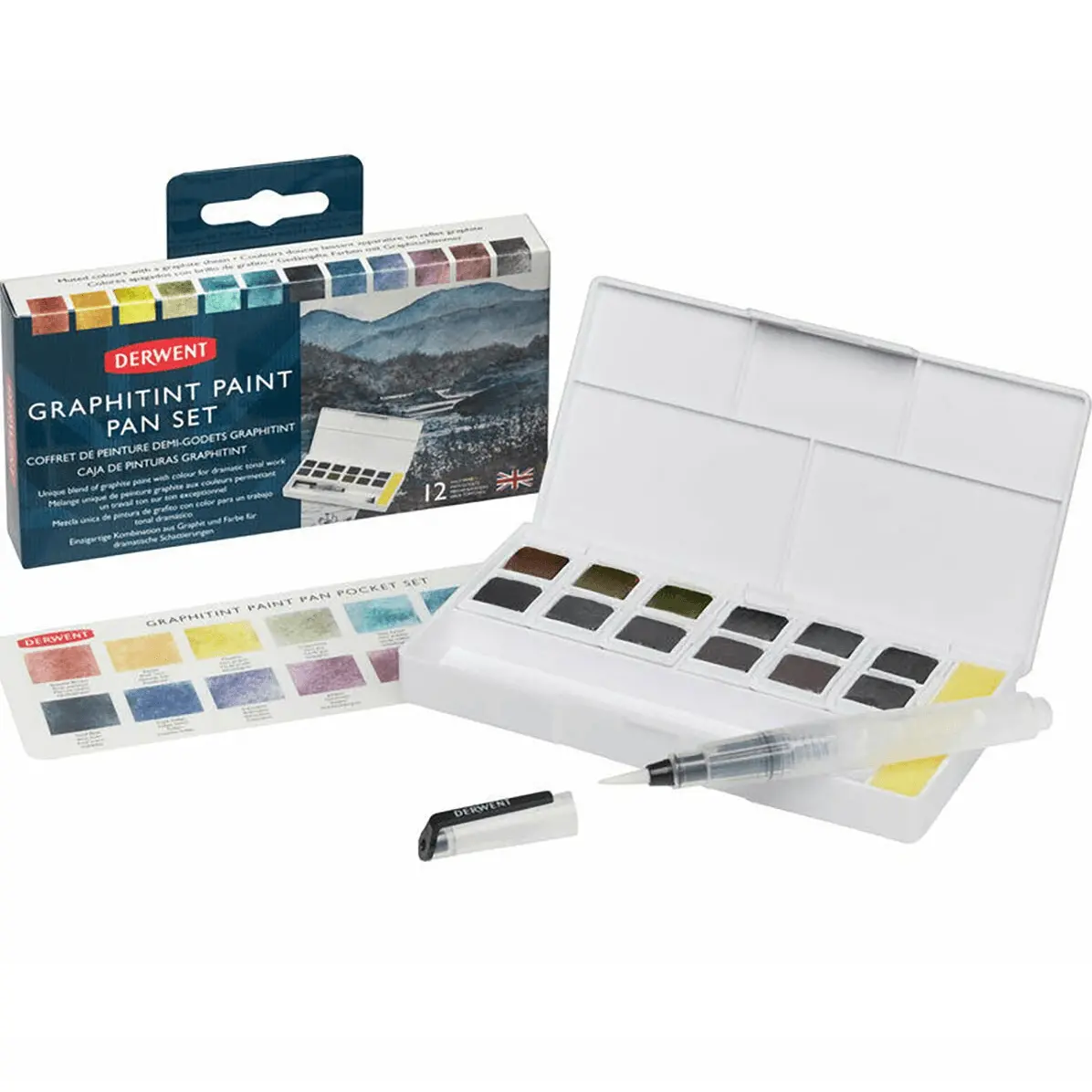 Derwent Graphitint Paint Pan Assorted Colours Set 12 + Waterbrush 1