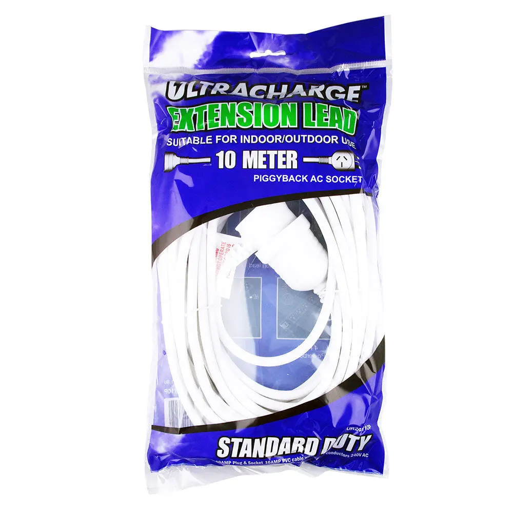 Ultracharge 10M Extension Power Cord 10A Cable With Piggyback Plug (White) 1