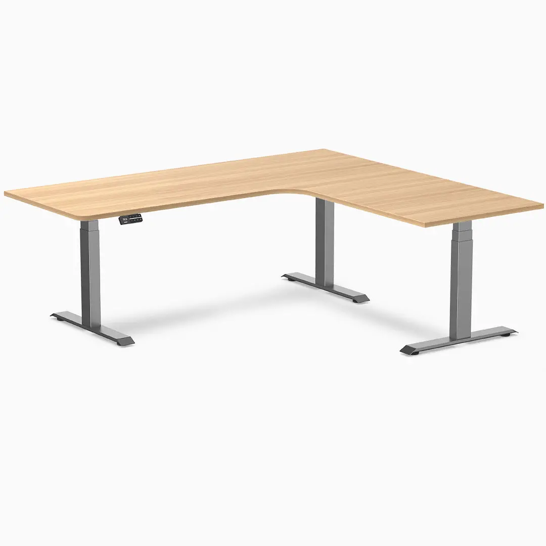 Desky L-Shape Melamine Sit Stand Desk 200Cm - Right Return Sublime Teak Top And Space Grey Leg 2