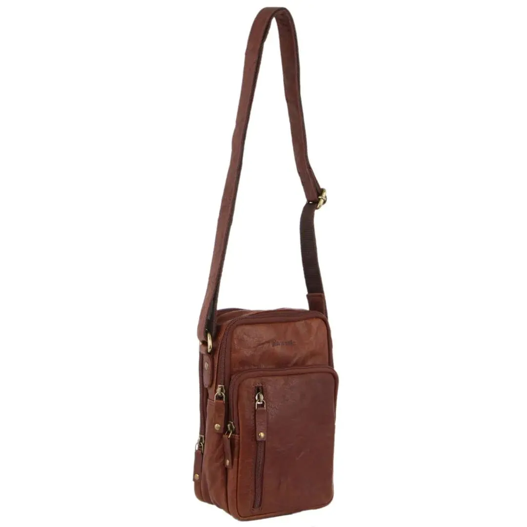 Pierre Cardin Mens Rustic Leather Cross Body Bag Messenger - Chestnut 1