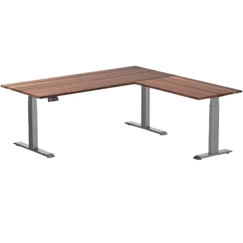 Desky Hardwood L-Shape Sit Stand Desk 180X175cm Walnut And Space Grey Leg 1