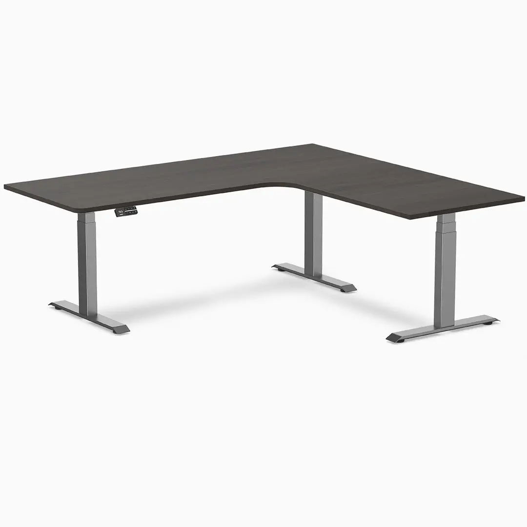 Desky L-Shape Melamine Sit Stand Desk 200Cm - Right Return Burnished Wood Top And Space Grey Leg 2