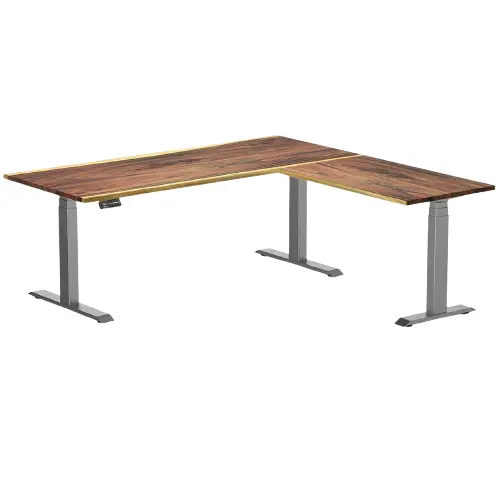 Desky Hardwood L-Shape Sit Stand Desk 180X175cm Saman And Space Grey Leg 1