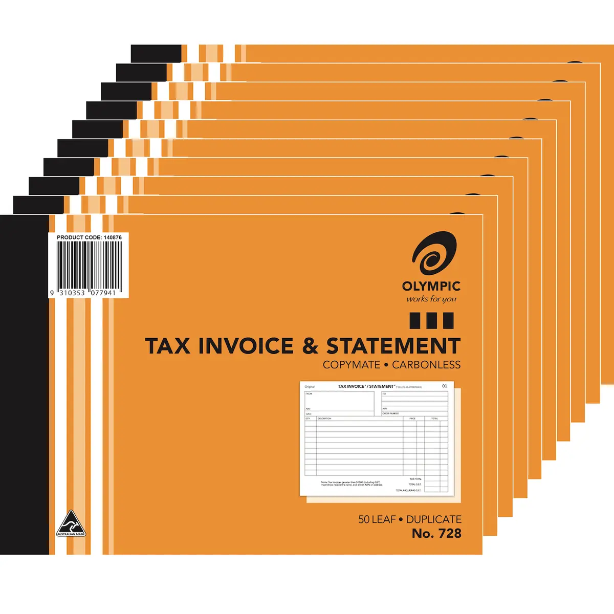 Olympic 10 Pack 728 Duplicate Tax Invoice & Statement Book 50 Leaf Bulk 1
