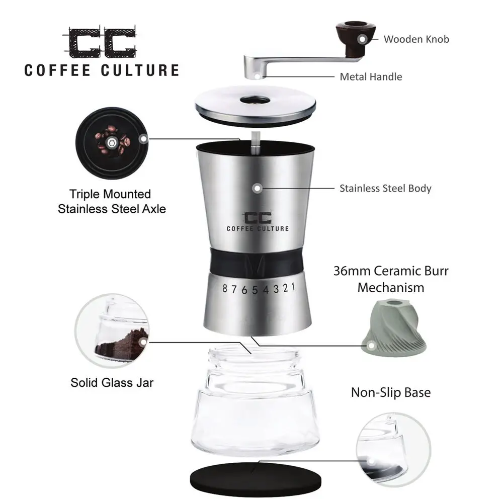 Coffee Culture Premium Stainless Steel Hand Burr Manual Coffee Grinder (Silver) 2
