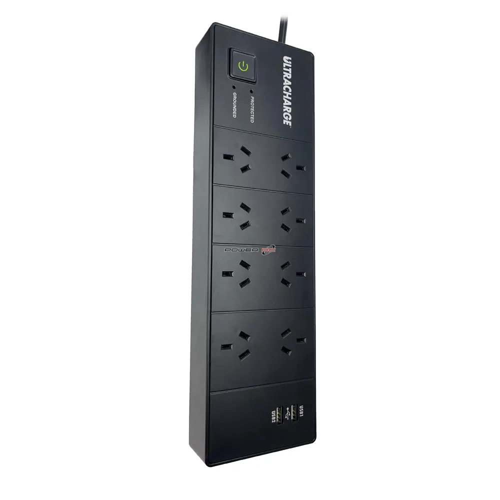 Ultracharge 8 Way Surge Protected Power Board With 2 Usb Charging Ports Black 1