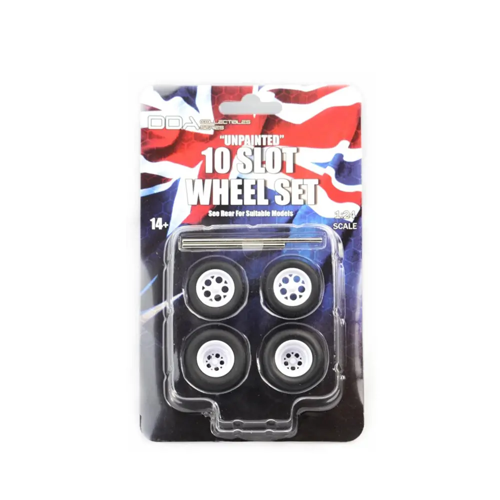 Dda 1:24 Set Of 4 X 10 Slot Unpainted Injected White Wheels With Tyres & Axles 1