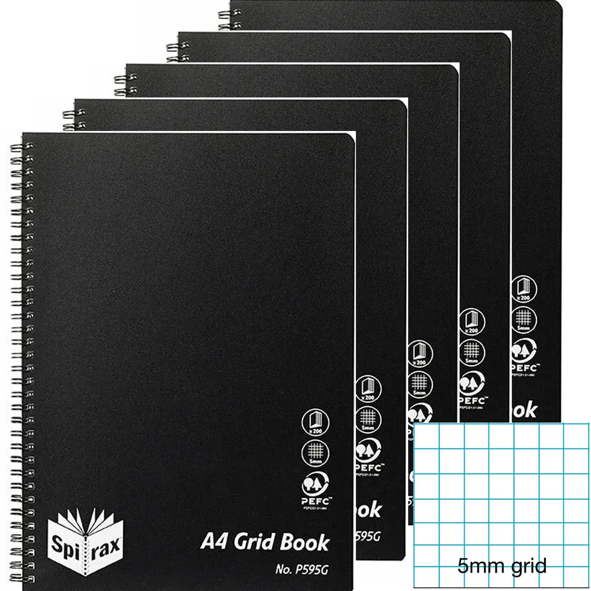 Spirax 5 Pack P595g Grid Book 5Mm Grid 200 Pages A4 Black 1