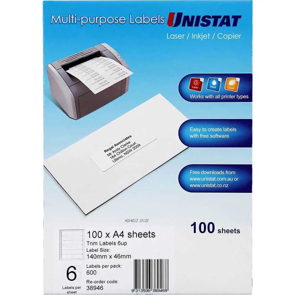 Unistat 38946 Trim Label A4 6Up Pack 100 1