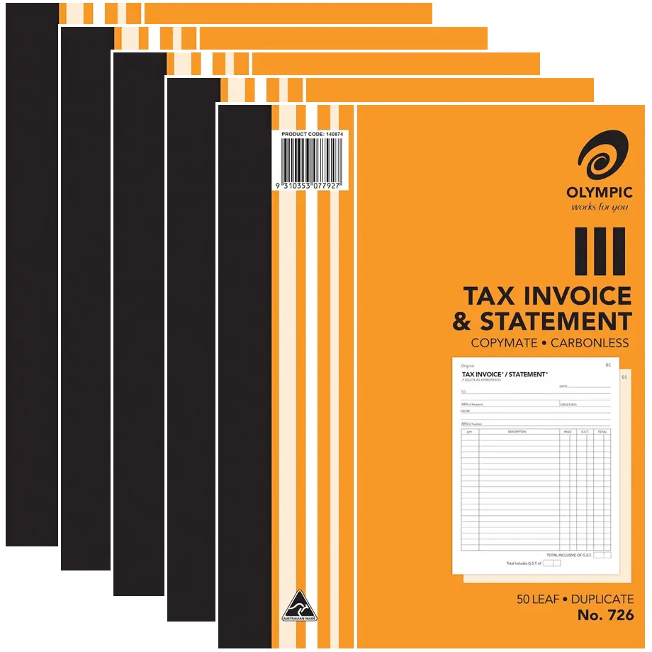 Olympic 5 Pack 726 Duplicate Tax Invoice & Statement Book Carbonless Bulk 1