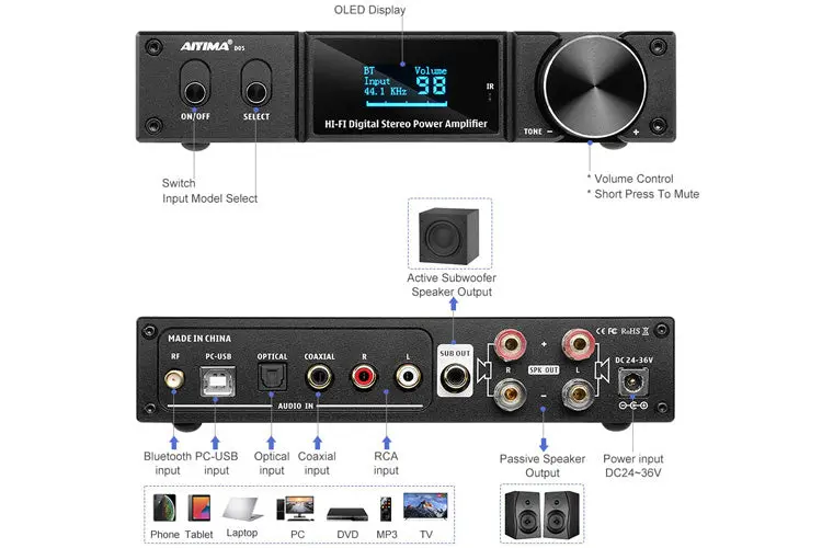 Aiyima D05 Bluetooth Hi-Res Dac 120W X 2 Channel Amplifier 2