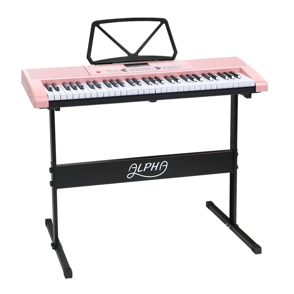 Alpha 61 Keys Electronic Piano Keyboard Digital Electric With Stand (Lighted Pink) 1