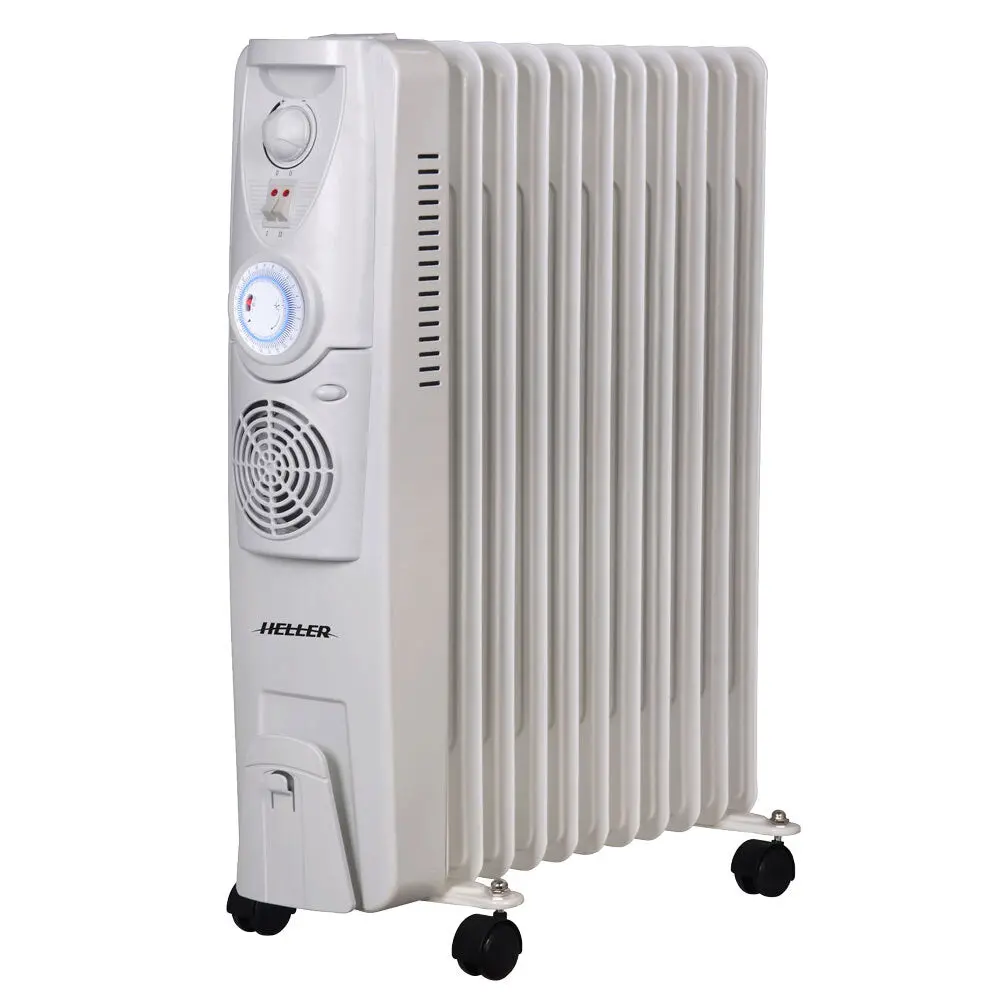 Heller Portable Oil Heater 11 Fin Fan Timer With 2400W 3 Heat Settings White 1