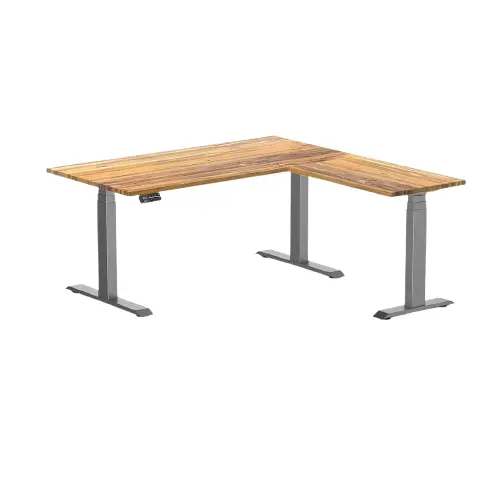Desky Hardwood L-Shape Sit Stand Desk 150X155cm Teak And Space Grey Leg 1