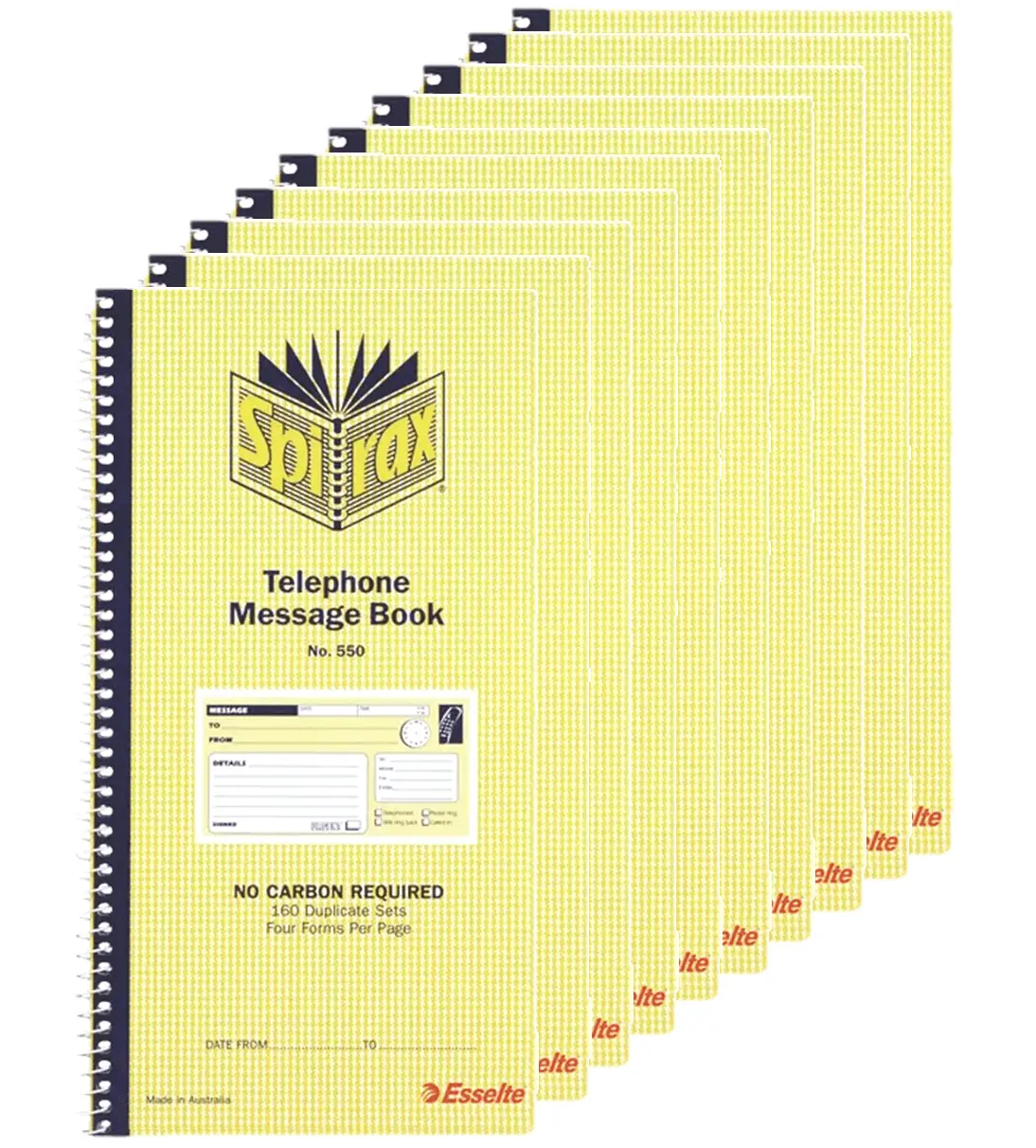 Spirax 10 Pack 550 Telephone Message Book Carbonless 160 Page 279X144mm 1