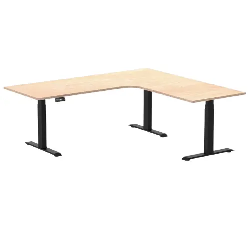 Desky L-Shape Melamine Sit Stand Desk 200Cm - Right Return Curly Birch Top And Matte Black Leg 1