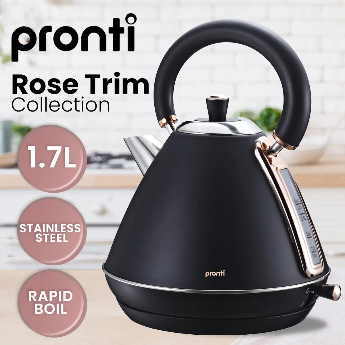Pronti 1.7L Rose Trim Collection Kettle Stainless Steel (Black) 2
