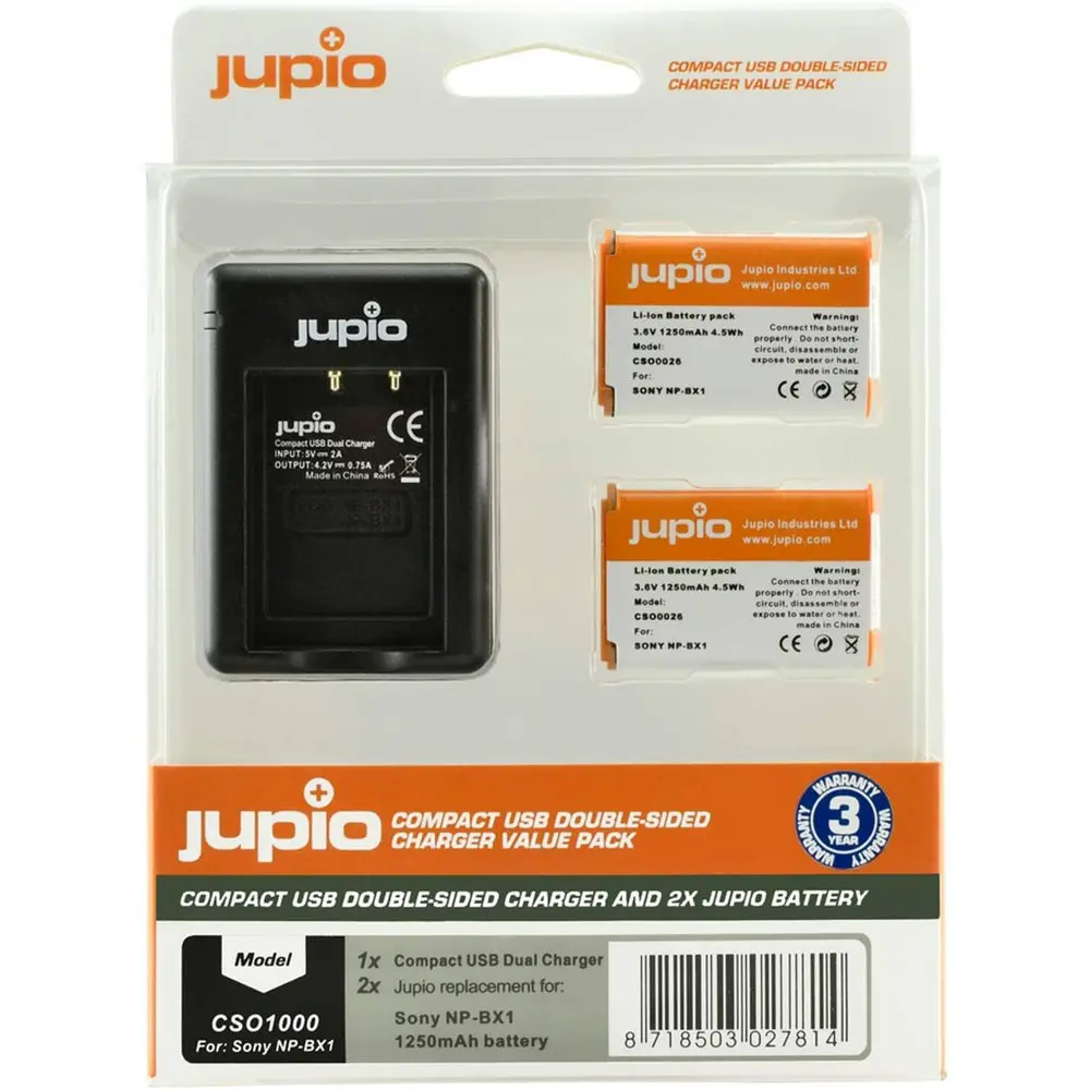 Jupio 2X Batteries 1250Mah & Usb Double-Sided Charger Kit For Sony Np-Bx1 1