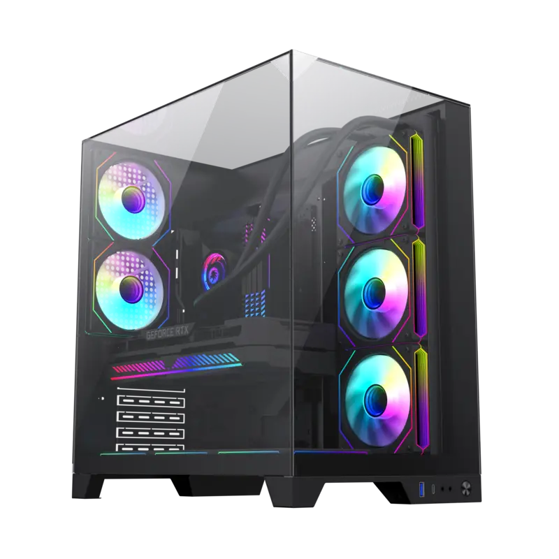 Gamemax Atx Mid Tower Gaming Case - Three-Sided Panoramic Tempered Glass, Btf Back-Connect Motherboard Support, Pillarless Design, No Fans - Black 1