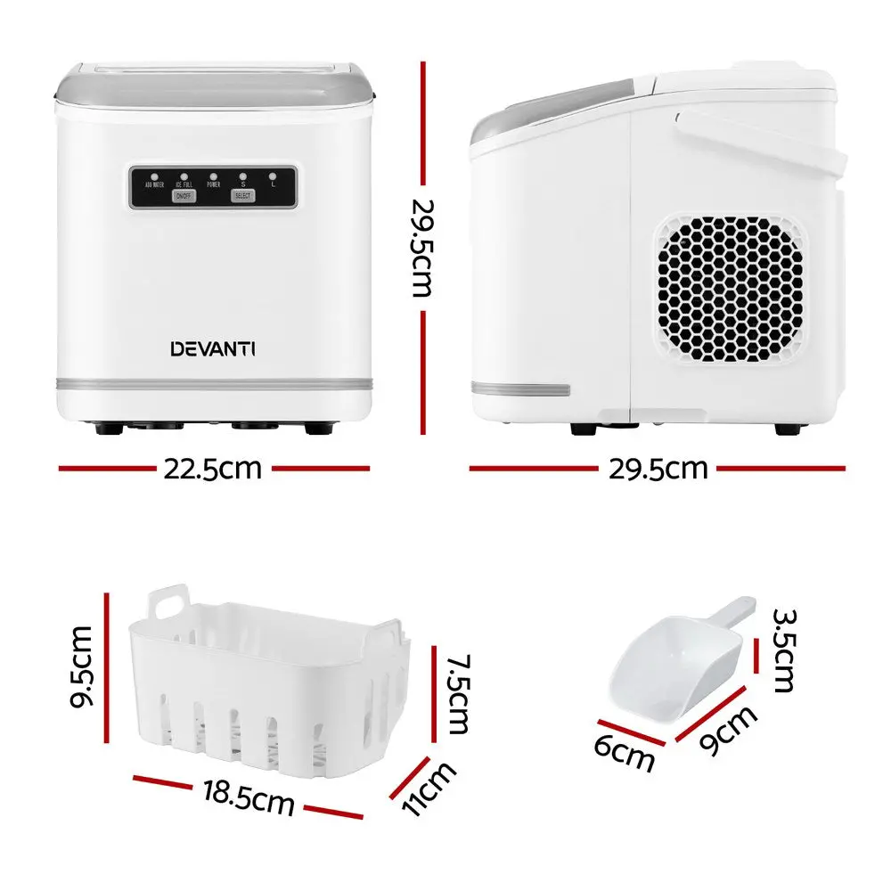 Devanti Ice Maker Machine Portable 12Kg Countertop With Self-Cleaning 1.3L (White) 2