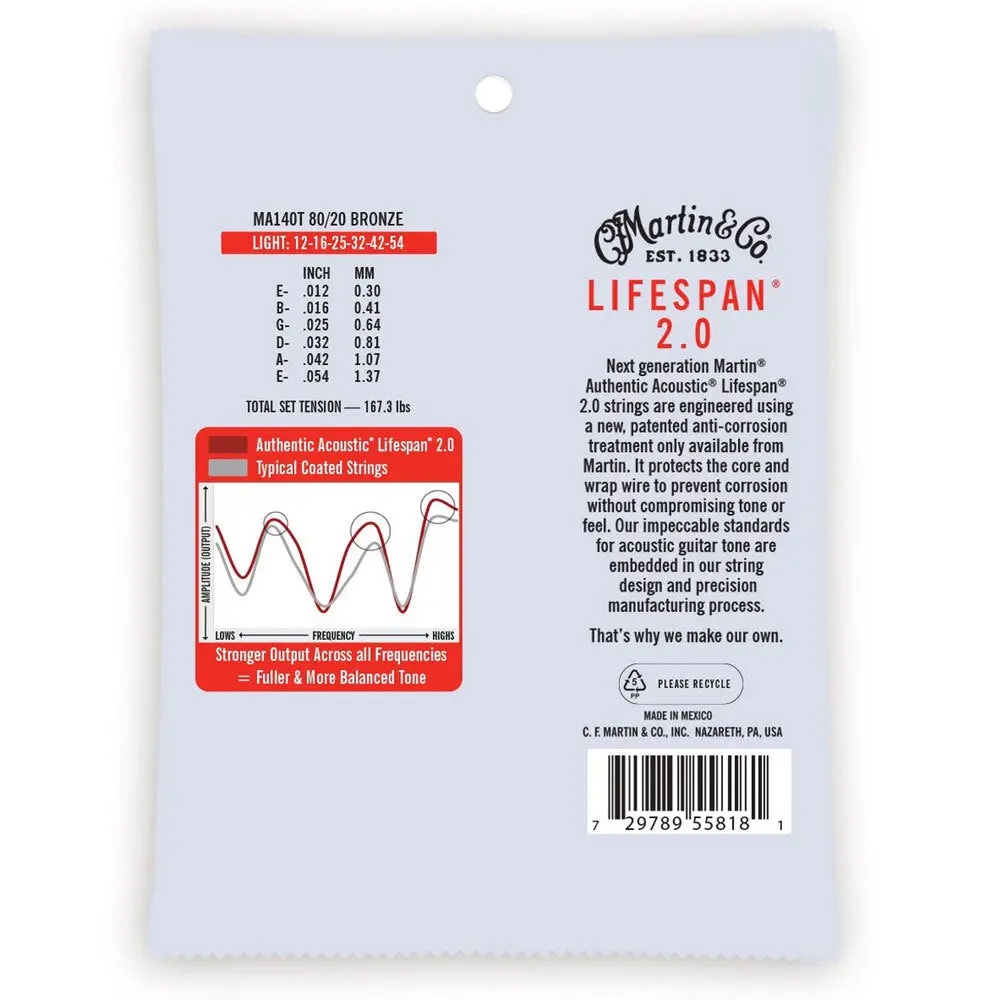 Martin Guitar Ma140t Authentic Acoustic Treated Strings 80/20 Bronze Light 2