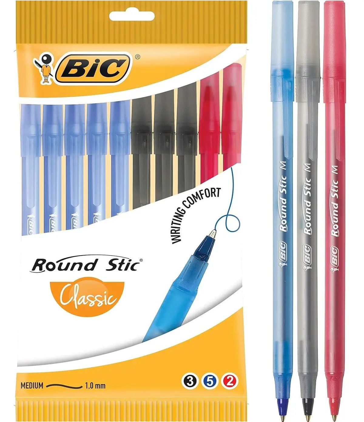 Bic Round Stic Ballpoint Pens Medium Assorted Black/Blue/Red Pack 10 1