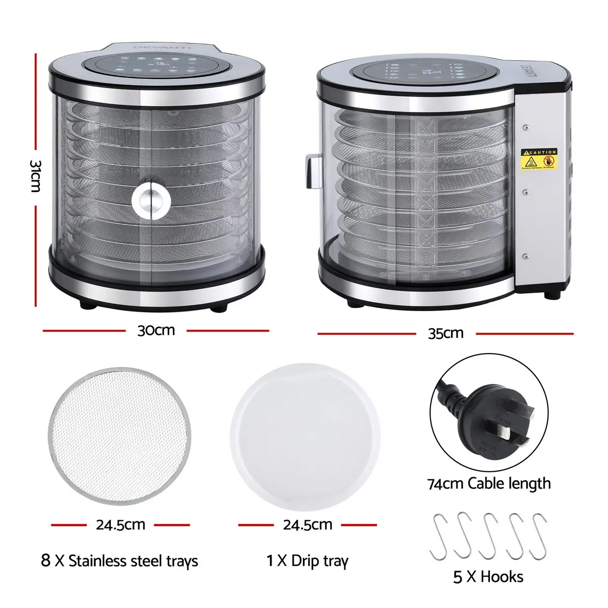 Devanti 8 Trays Food Dehydrator Stainless Steel Auto-Rotate 10 Programs 700W 2