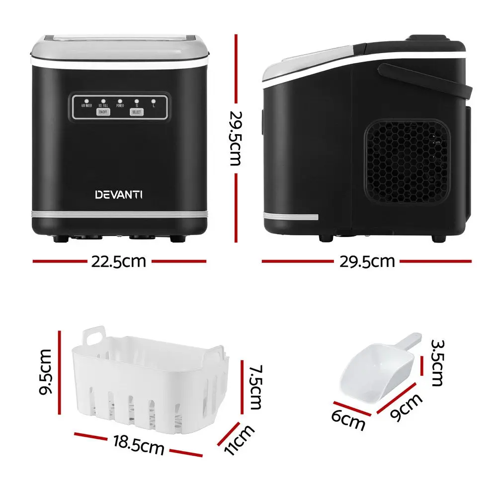 Devanti Ice Maker Machine Portable 12Kg Countertop With Self-Cleaning 1.3L (Black) 2