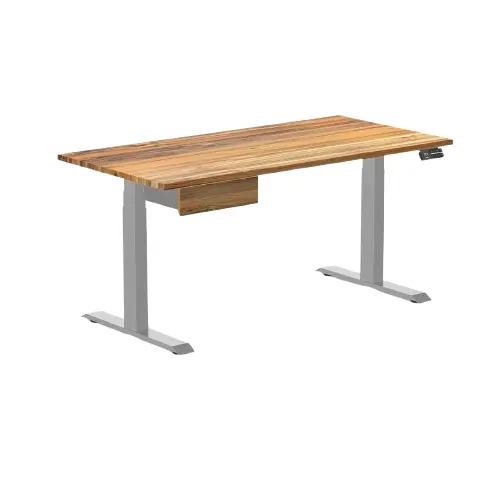 Desky Dual Hardwood Standing Desk With Drawer 150Cm Teak Desktop And Grey Frame 1