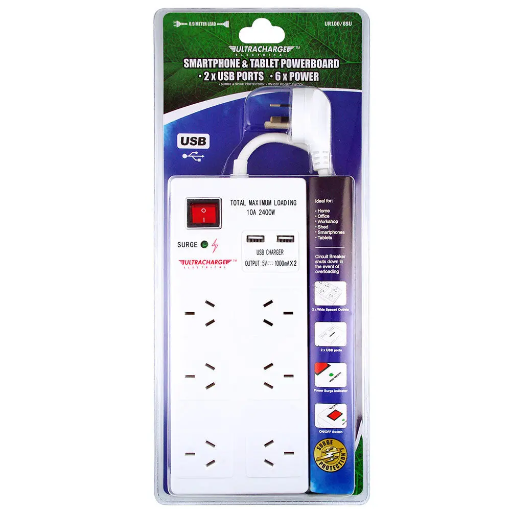 Ultracharge 6-Socket Surge Protector Usb (White) 1