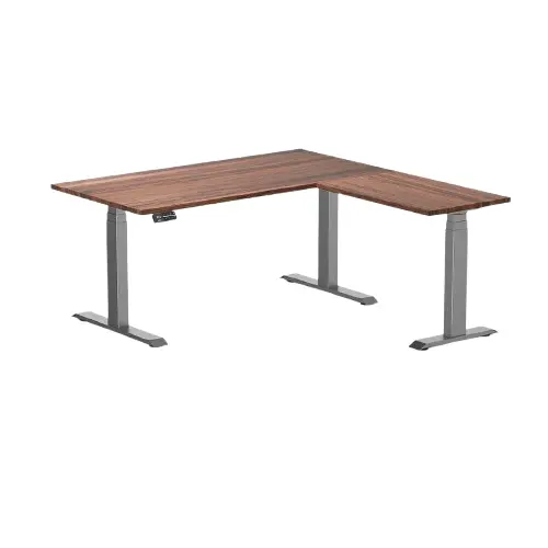 Desky Hardwood L-Shape Sit Stand Desk 150X155cm Walnut And Space Grey Leg 1