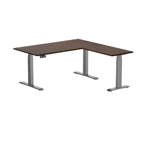 Desky Rubberwood L-Shape Sit Stand Desk 150 X 155 Cm Dark Walnut Top And Space Grey Leg 1