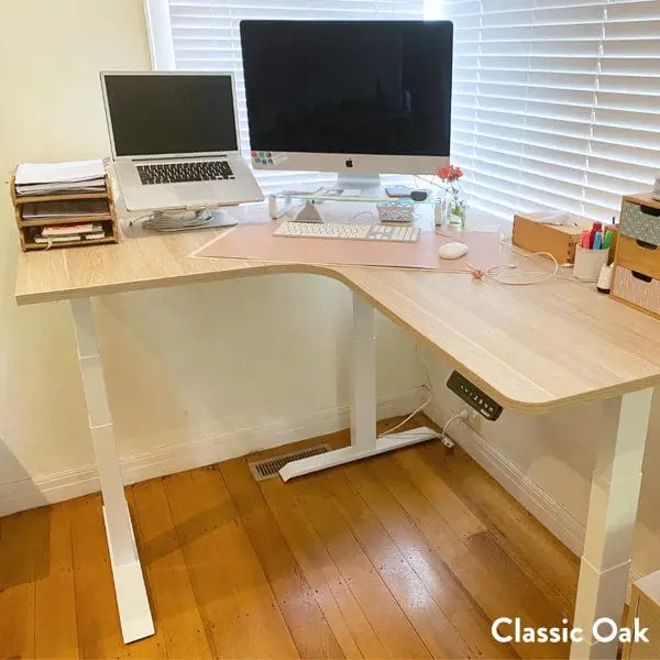 Desky L-Shape Melamine Sit Stand Desk 160Cm - Right Return Classic Oak Top And Space Grey Leg 2