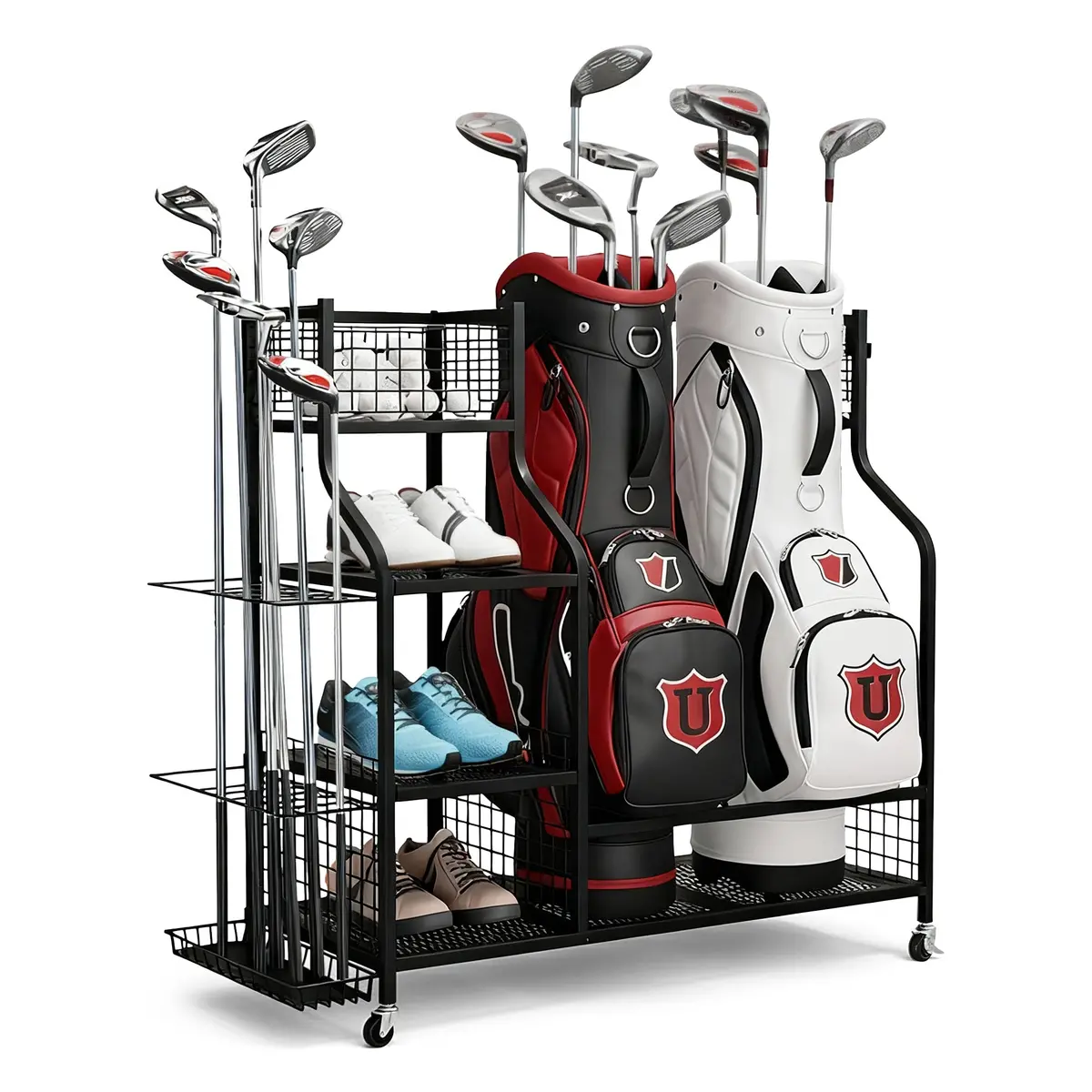 Everfit Golf Bag Storage Golf Storage Garage Organizer With Wheels Black 1